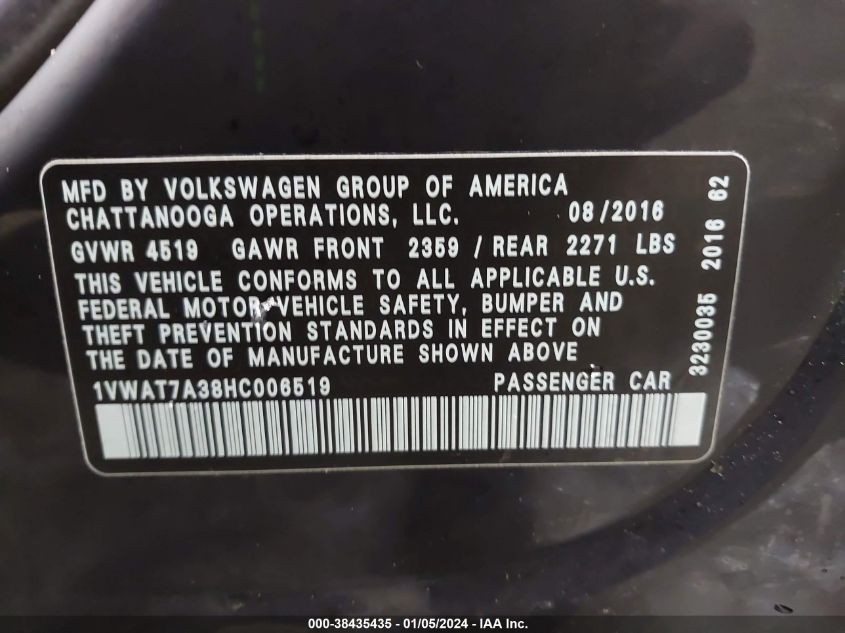 2017 VOLKSWAGEN PASSAT 1.8T S - 1VWAT7A38HC006519