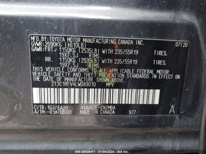 2020 TOYOTA RAV4 XLE PREMIUM - 2T3C1RFV4LW089010