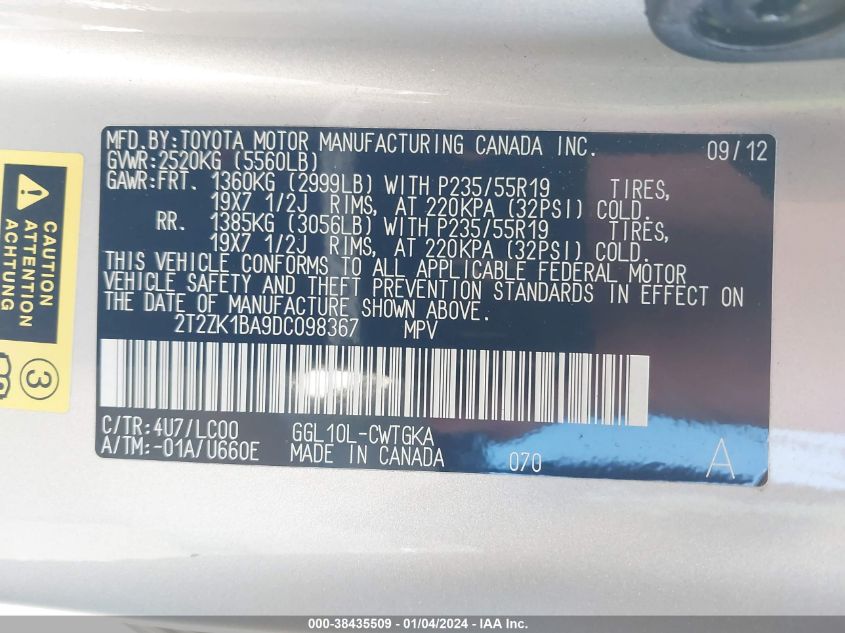 2013 LEXUS RX 350 - 2T2ZK1BA9DC098367