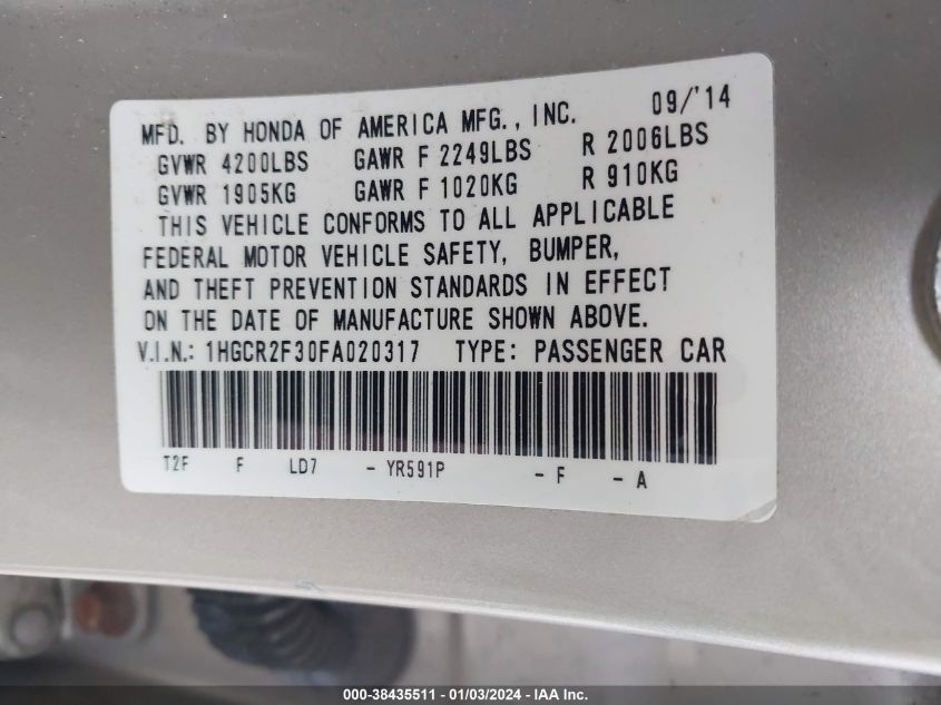 2015 HONDA ACCORD LX - 1HGCR2F30FA020317