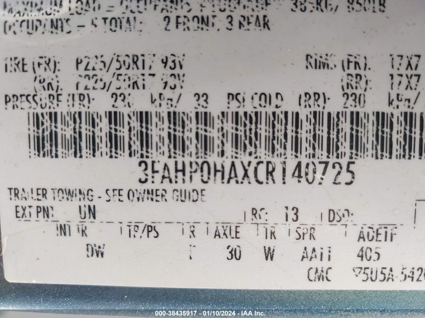 3FAHP0HAXCR140725 | 2012 FORD FUSION