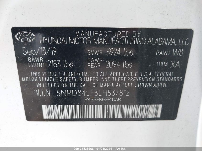 2020 HYUNDAI ELANTRA SEL/VALUE/LIMITED - 5NPD84LF3LH537812