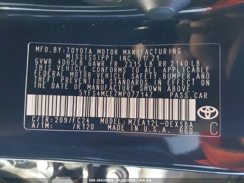 2021 TOYOTA COROLLA SE APEX EDITION - 5YFS4MCE7MP077147