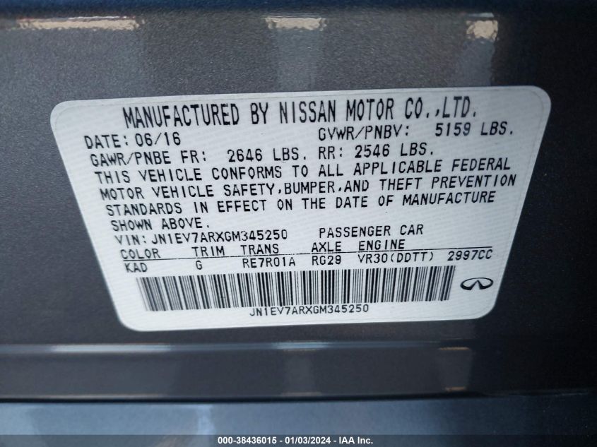2016 INFINITI Q50 PREMIUM/SPORT - JN1EV7ARXGM345250