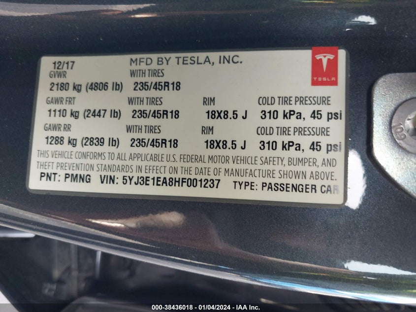 VIN 5YJ3E1EA8HF001237 2017 TESLA MODEL 3