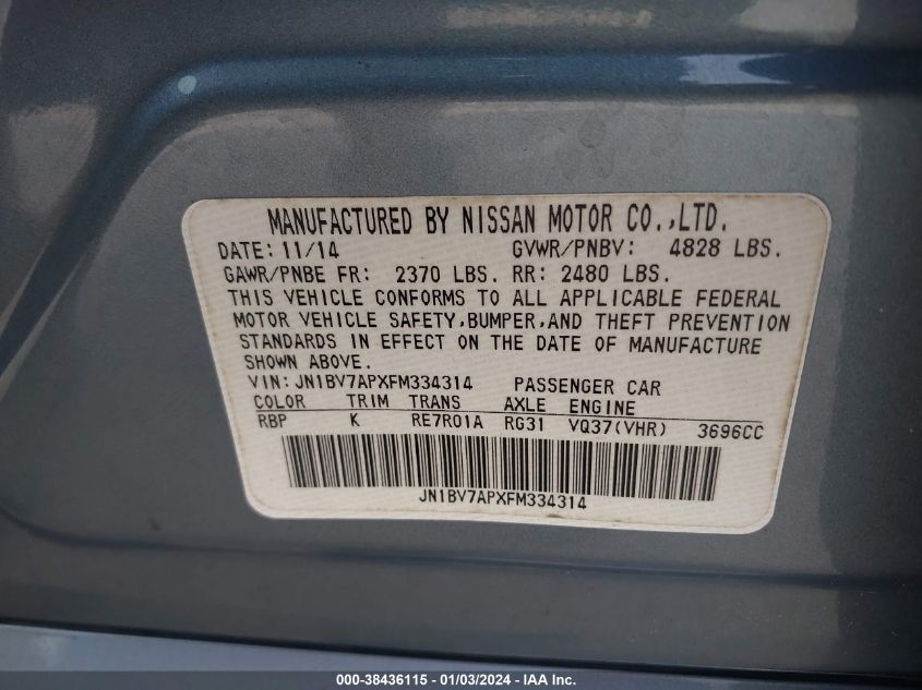 2015 INFINITI Q50 PREMIUM/SPORT - JN1BV7APXFM334314