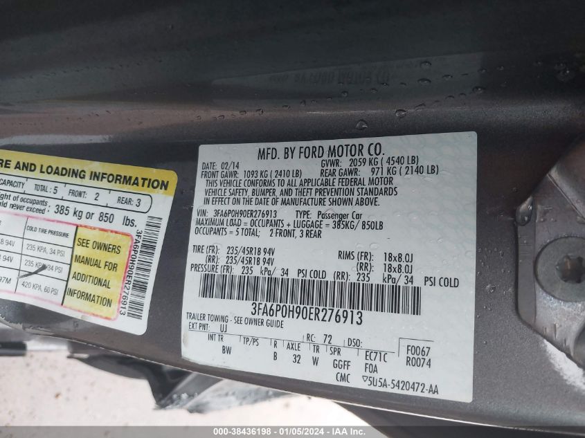 2014 FORD FUSION SE - 3FA6P0H90ER276913