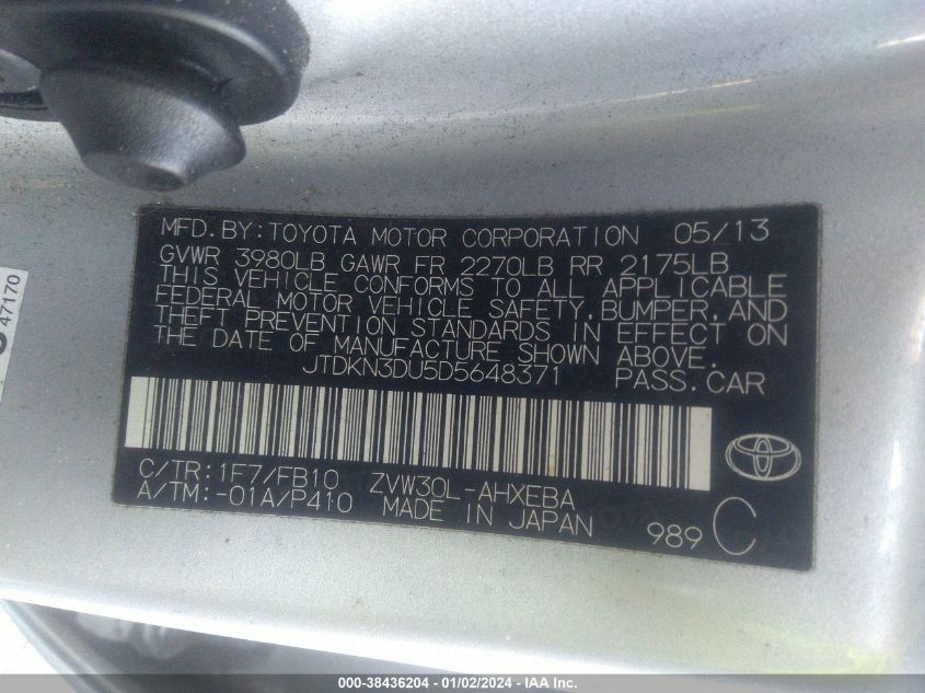 2013 TOYOTA PRIUS TWO - JTDKN3DU5D5648371