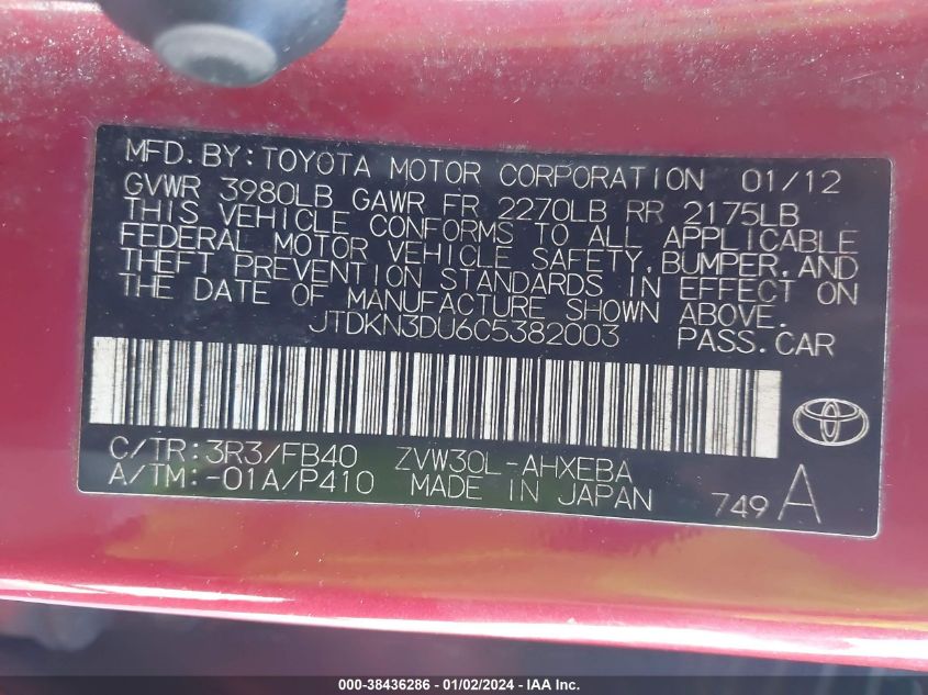 JTDKN3DU6C5382003 | 2012 TOYOTA PRIUS