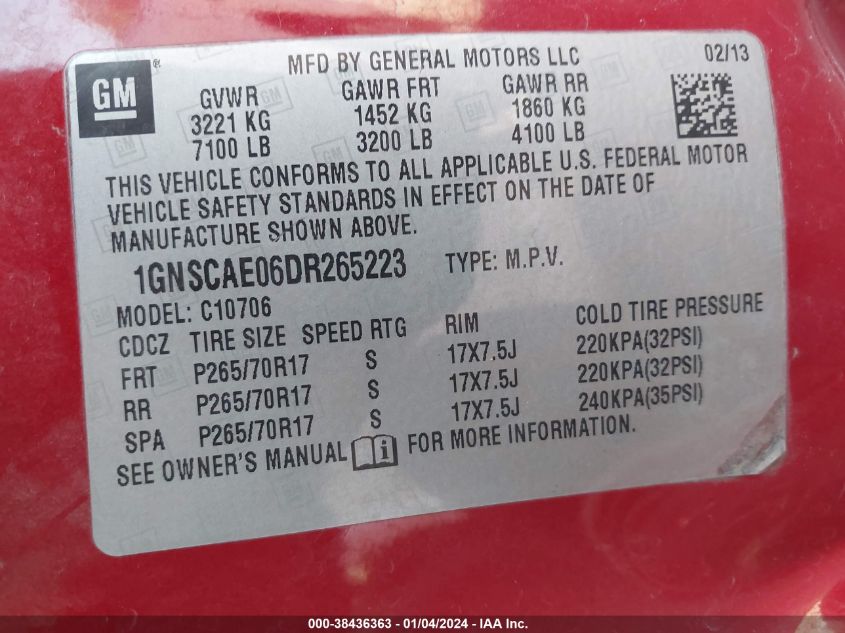 2013 CHEVROLET TAHOE C1500  LS - 1GNSCAE06DR265223