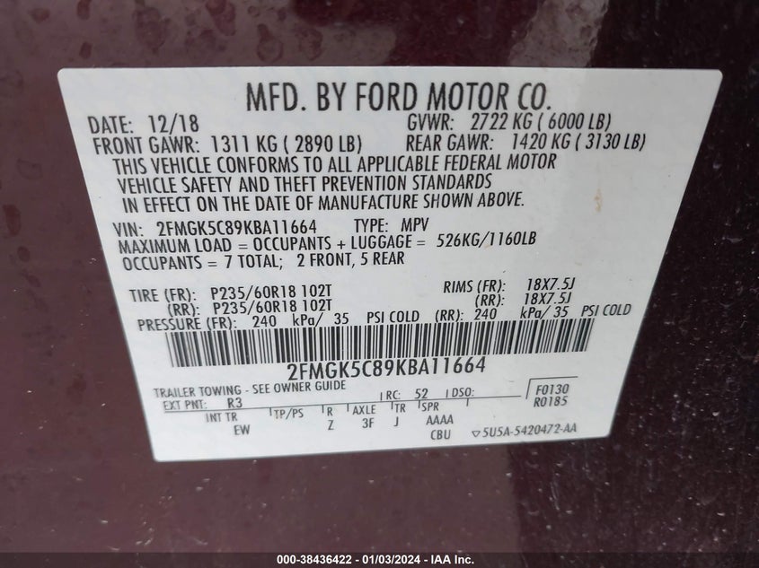 VIN 2FMGK5C89KBA11664 2019 FORD FLEX SEL