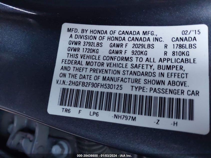 2015 HONDA CIVIC EX-L - 2HGFB2F90FH530125