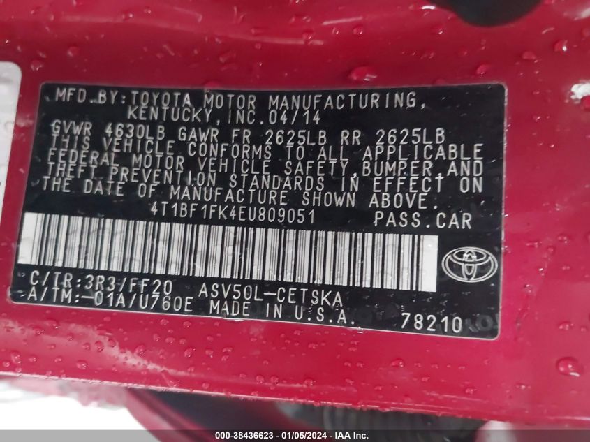 2014 TOYOTA CAMRY L/SE/LE/XLE - 4T1BF1FK4EU809051