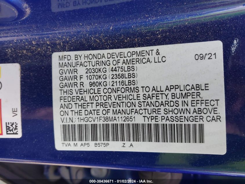 2021 HONDA ACCORD SPORT - 1HGCV1F38MA112651
