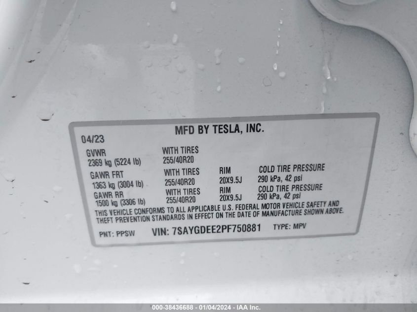 2023 TESLA MODEL Y - 7SAYGDEE2PF750881
