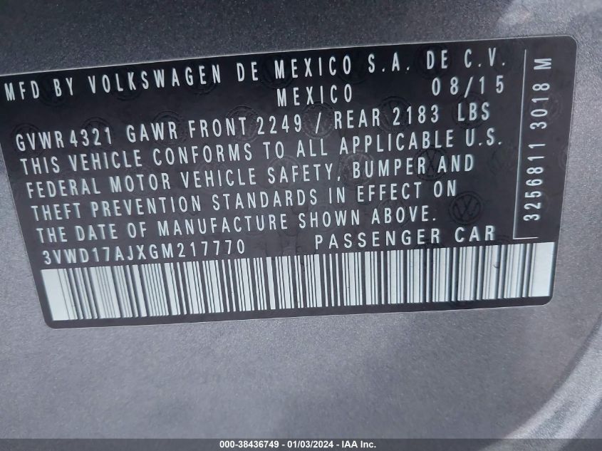 2016 VOLKSWAGEN JETTA 1.8T SPORT - 3VWD17AJXGM217770