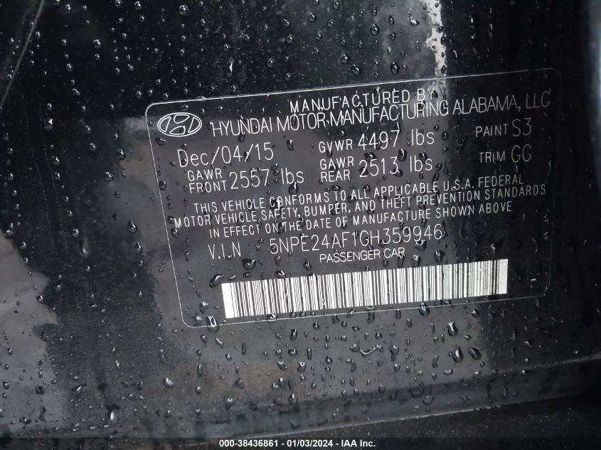 2016 HYUNDAI SONATA SE - 5NPE24AF1GH359946