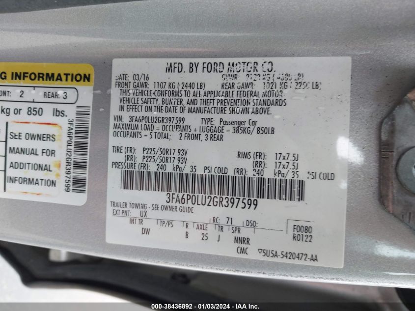 2016 FORD FUSION HYBRID SE - 3FA6P0LU2GR397599