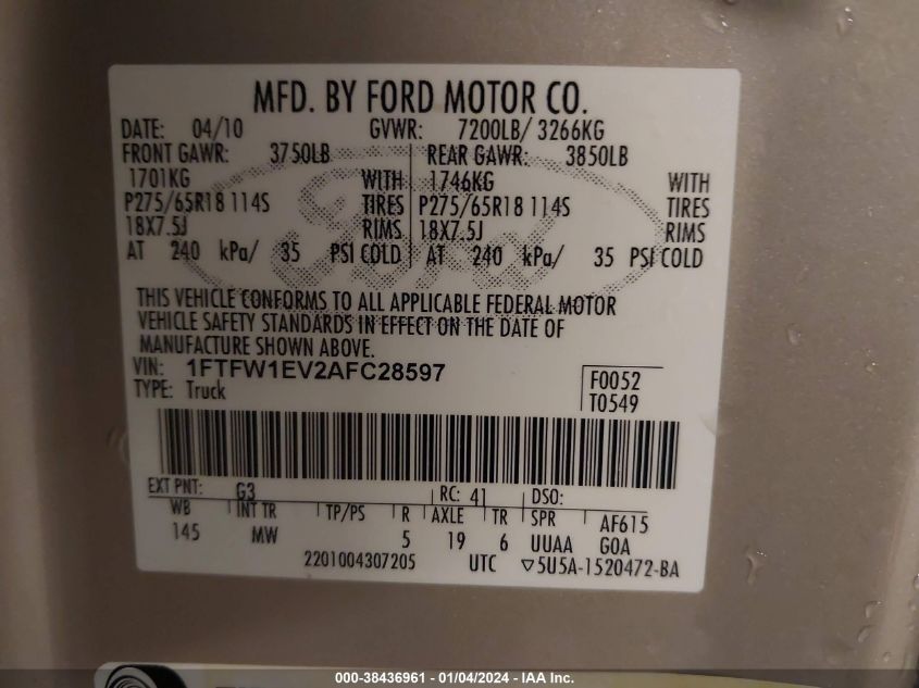 1FTFW1EV2AFC28597 | 2010 FORD F-150