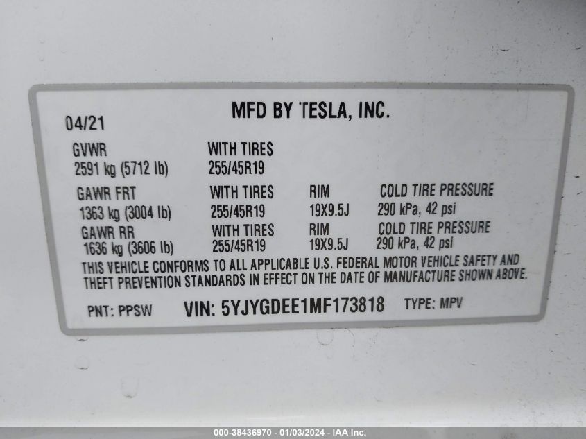 2021 TESLA MODEL Y - 5YJYGDEE1MF173818