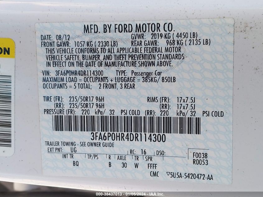 2013 FORD FUSION SE - 3FA6P0HR4DR114300