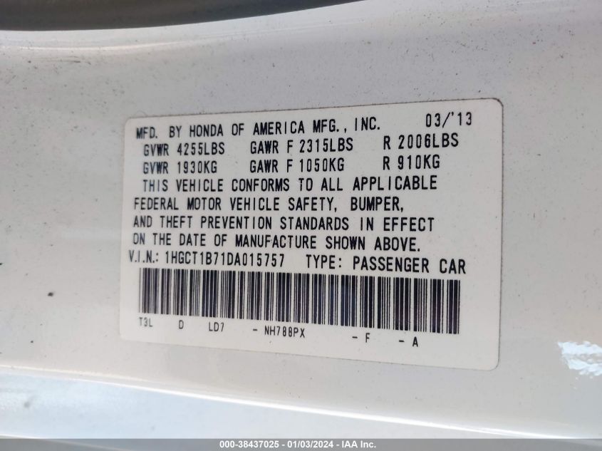 2013 HONDA ACCORD EX - 1HGCT1B71DA015575