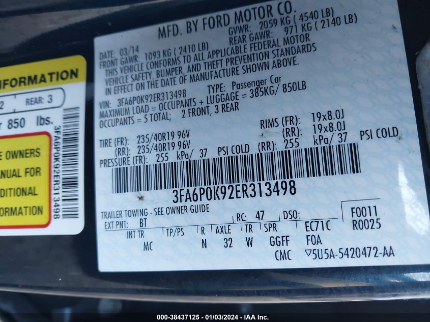 2014 FORD FUSION TITANIUM - 3FA6P0K92ER313498