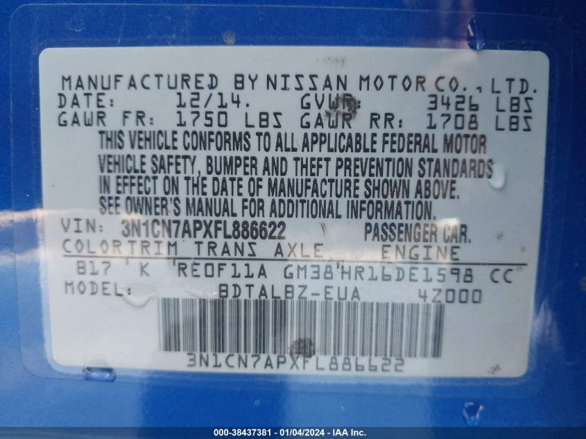 2015 NISSAN VERSA S/S PLUS/SV/SL - 3N1CN7APXFL886622