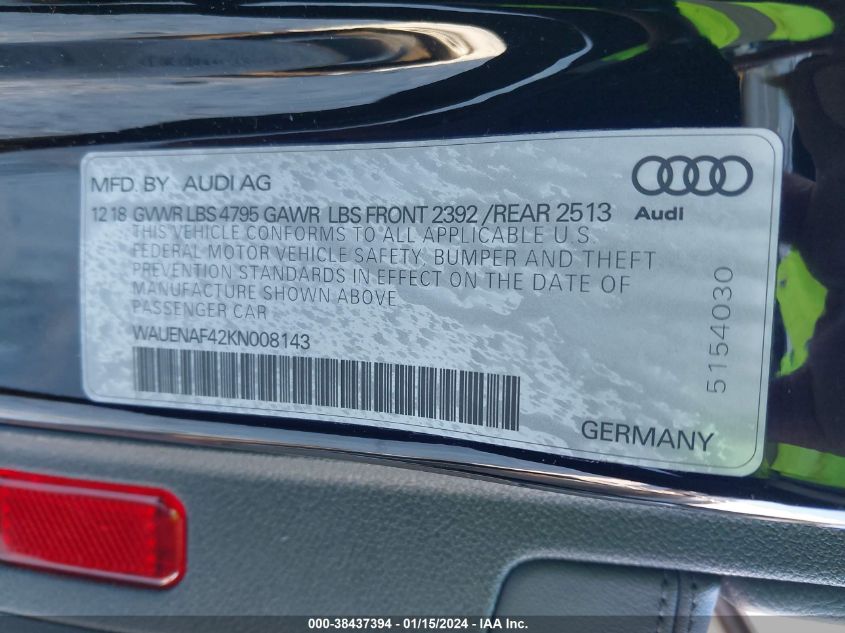 2019 AUDI A4 PREMIUM PLUS - WAUENAF42KN008143