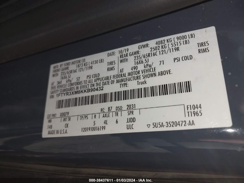 2019 FORD TRANSIT-250 T-250 - 1FTYR3XM8KKB90432
