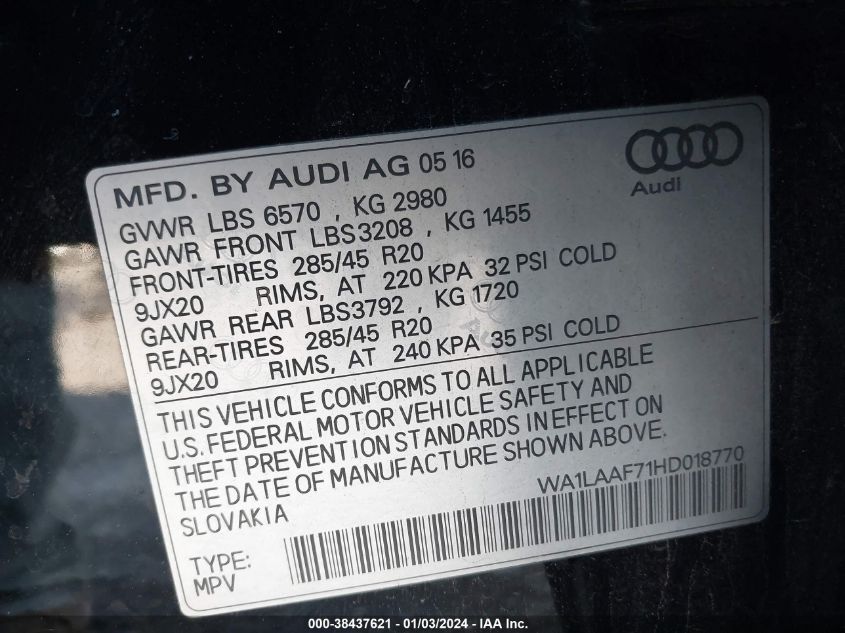 2017 AUDI Q7 3.0T PREMIUM - WA1LAAF71HD018770