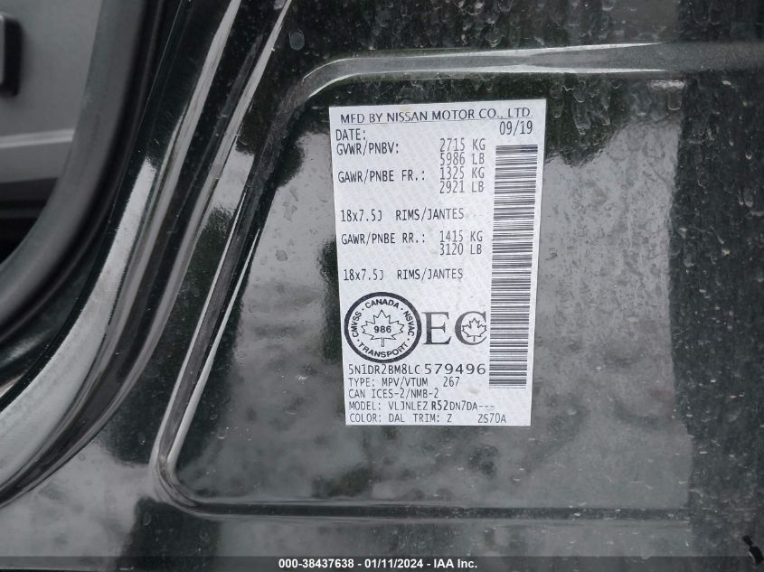 2020 NISSAN PATHFINDER SV - 5N1DR2BM8LC579496