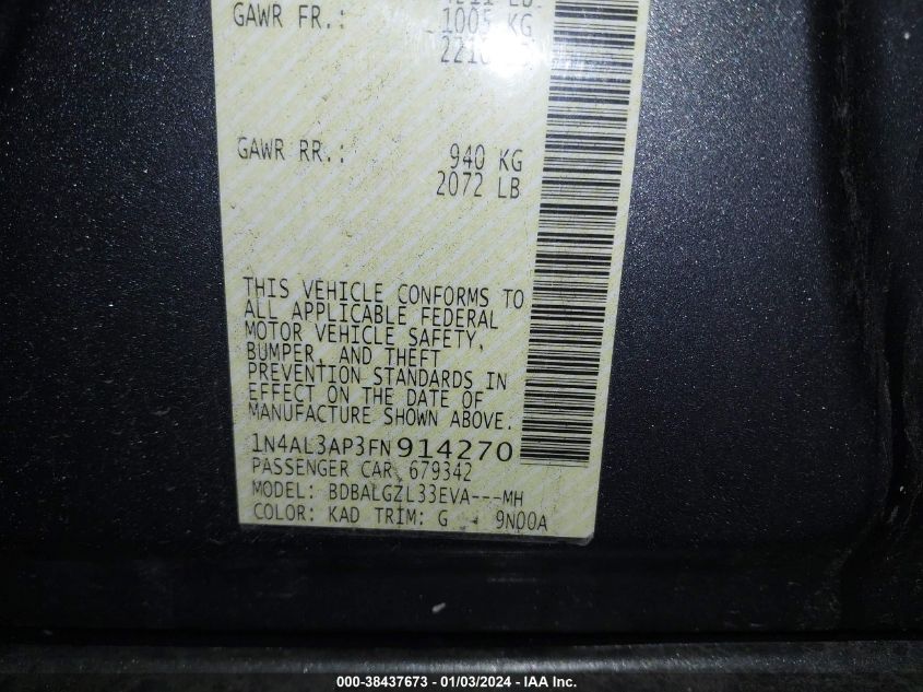 2015 NISSAN ALTIMA 2.5 S - 1N4AL3AP3FN914270