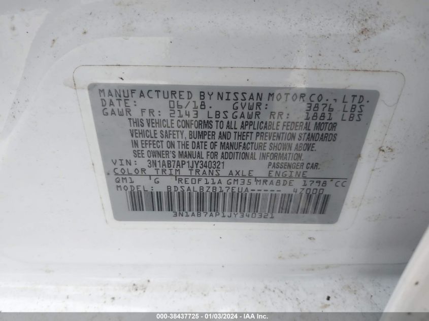 2018 NISSAN SENTRA S/SV/SR/SL - 3N1AB7AP1JY340321