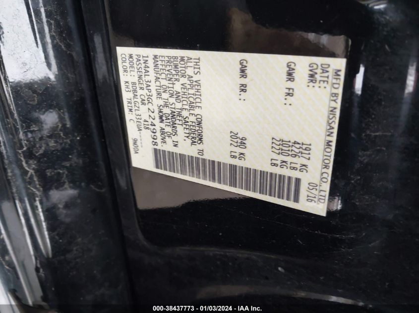 2016 NISSAN ALTIMA 2.5/S/SV/SL/SR - 1N4AL3AP3GC224998