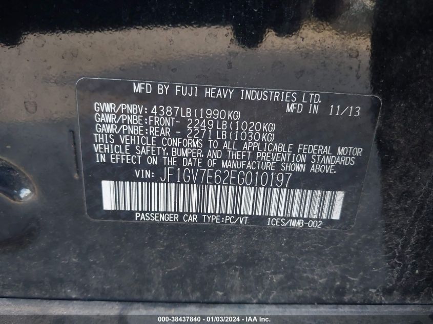 2014 SUBARU IMPREZA WRX JF1GV7E62EG010197