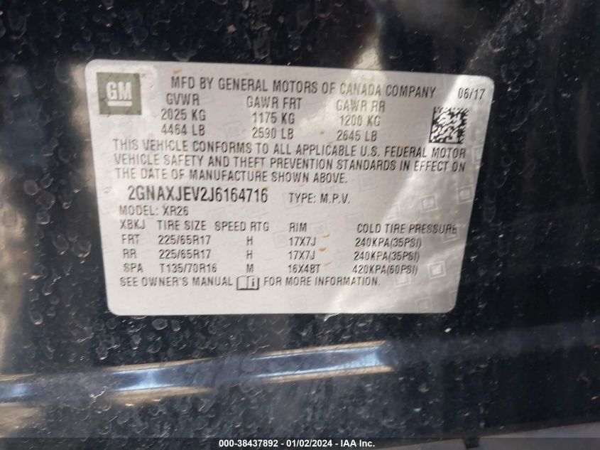 2018 CHEVROLET EQUINOX LT - 2GNAXJEV2J6164716