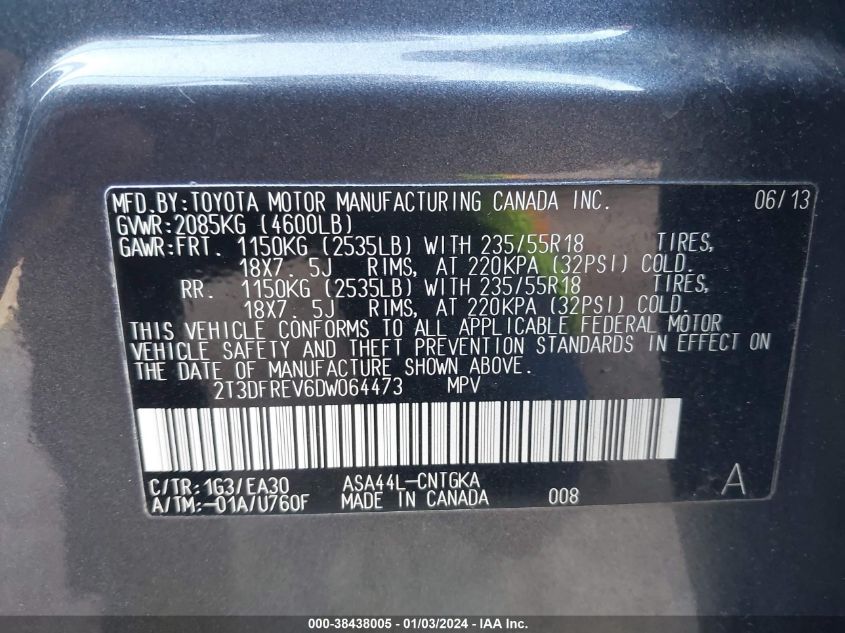 2013 TOYOTA RAV4 LIMITED - 2T3DFREV6DW064473