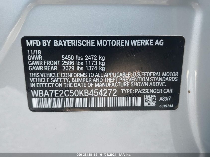2019 BMW 740I WBA7E2C50KB454272