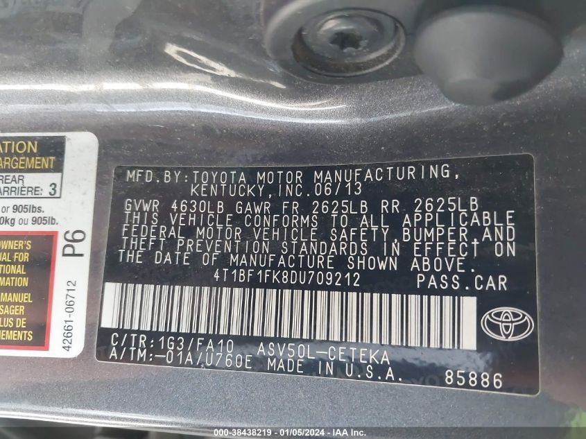 2013 TOYOTA CAMRY L - 4T1BF1FK8DU709212