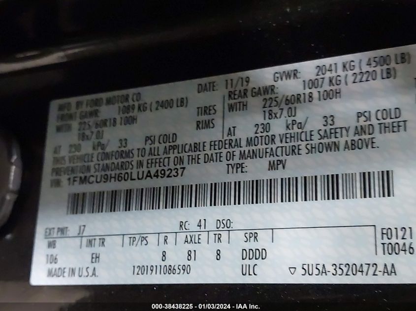 1FMCU9H60LUA49237 2020 FORD ESCAPE, photo no. 9