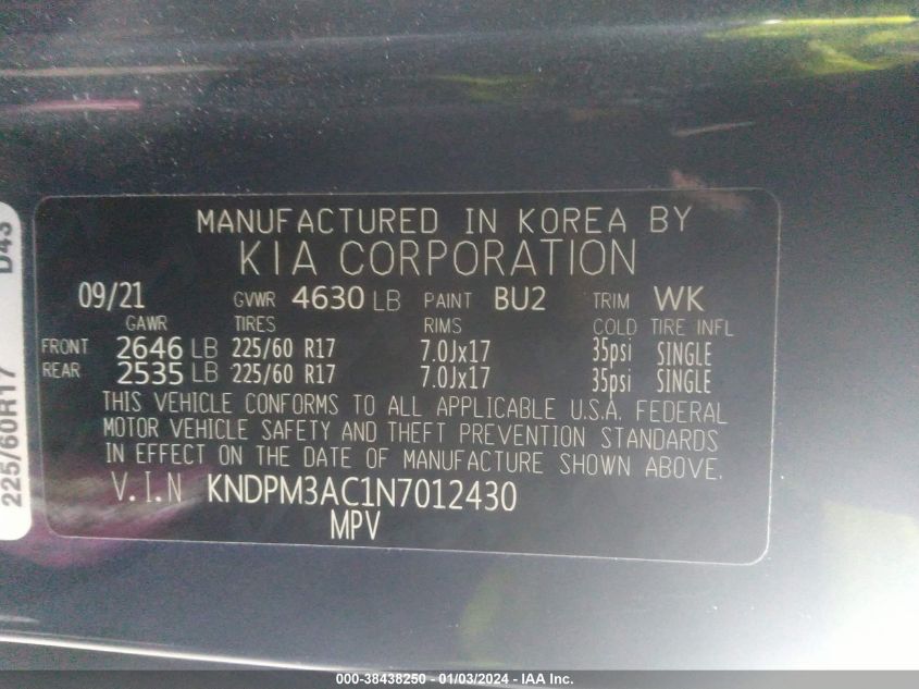 2022 KIA SPORTAGE LX - KNDPM3AC1N7012430