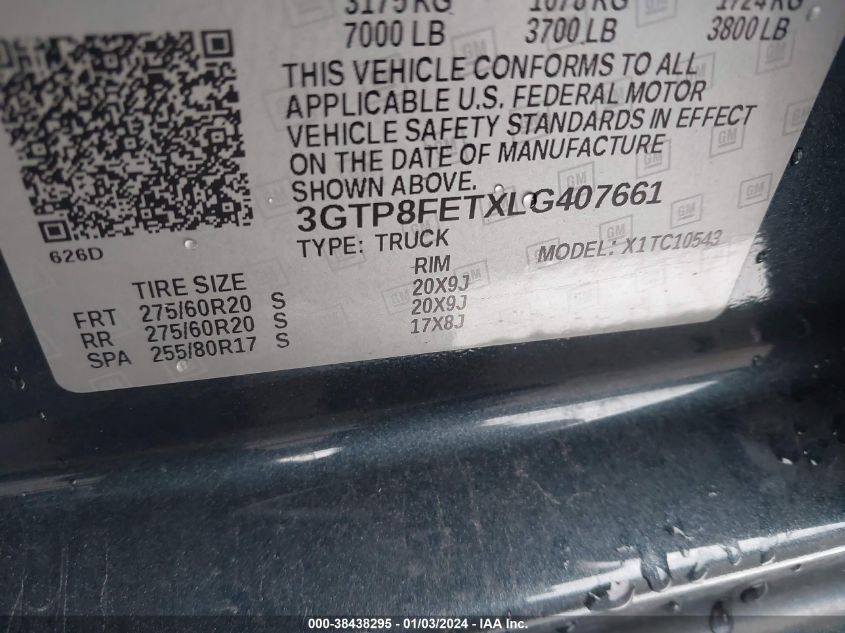 2020 GMC SIERRA 1500 C1500 DENALI - 3GTP8FETXLG407661