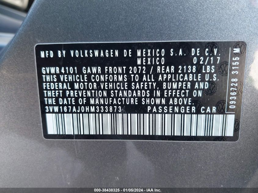 2017 VOLKSWAGEN JETTA 1.4T S - 3VW167AJ0HM333873