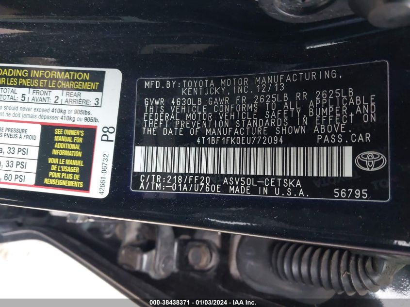 2014 TOYOTA CAMRY L/SE/LE/XLE - 4T1BF1FK0EU772094