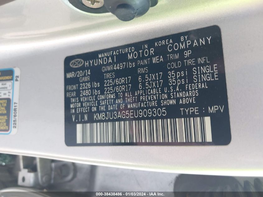 2014 HYUNDAI TUCSON GLS/LIMITED/SE - KM8JU3AG5EU909305