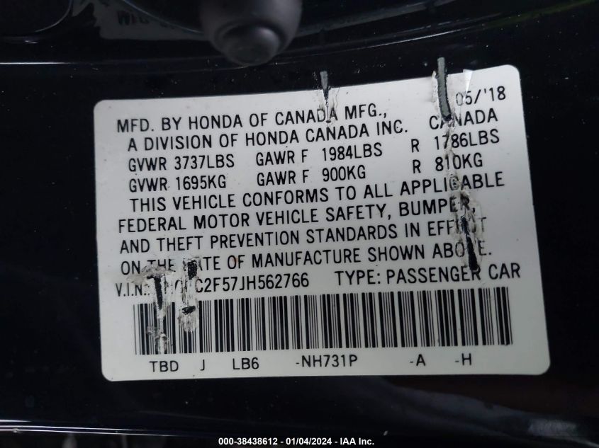 2018 HONDA CIVIC LX - 2HGFC2F57JH562766