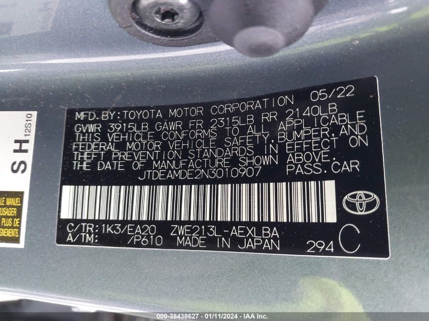 2022 TOYOTA COROLLA LE - JTDEAMDE2N3010907