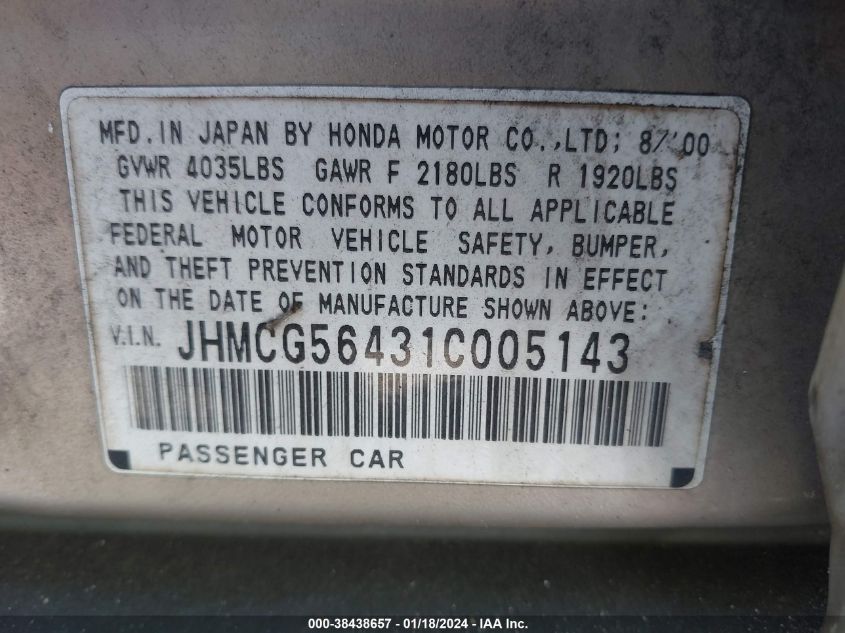 JHMCG56431C005143 | 2001 HONDA ACCORD SDN