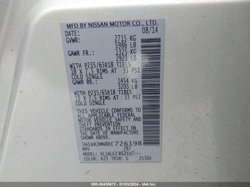 2014 NISSAN PATHFINDER SV - 5N1AR2MN8EC726198